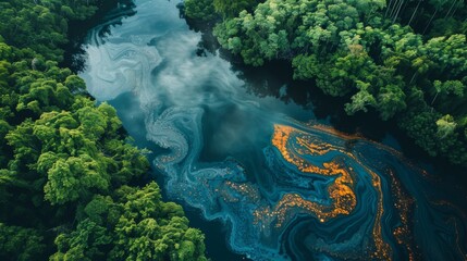 Poster - Lush green trees frame a tranquil river reflecting vibrant orange and blue hues under a clear sky. The peaceful atmosphere invites contemplation in nature's embrace.