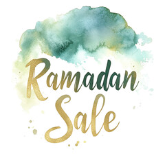 Wall Mural - A watercolor painted design announces a Ramadan sale with gold lettering.