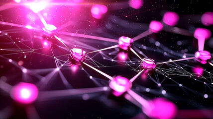 Poster - Abstract digital network connections illuminated by vibrant pink lights and particles in a dark background