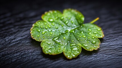 Wall Mural - Dew-covered leaf on dark stone, nature backdrop, spa use