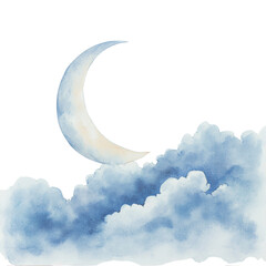 Aufkleber - A watercolor painting depicts a crescent moon partially obscured by soft blue clouds against a black background.