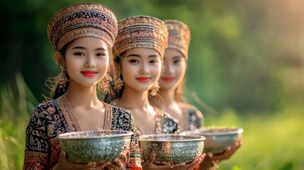 young Thai women dressed in traditional silk outfits carrying silver bowls filled with perfumed water for a New Year blessing ceremony cultural elegance and festive celebration Stock Photo with side