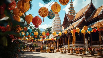 Aufkleber - Thai temple courtyard adorned with hanging lanterns and floral decorations during Songkran peaceful and sacred atmosphere monks chanting prayers in the background Stock Photo with side copy space