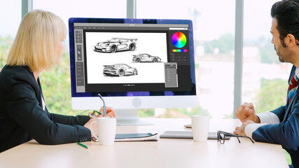 Poster - electric car design software on computer screen showing simulation blueprint snugly by digital calcu
