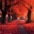 © pier - red maple trees path autumn leaves falling warm orange light fantasy forest palette