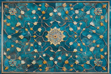 Uzbek decorative pattern with blue and turquoise elements, resembling ancient Islamic tilework and architecture.

