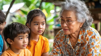 Poster - elderly Thai grandmother giving a heartfelt blessing to her grandchildren during a Songkran family reunion cultural tradition generational love Stock Photo with side copy space