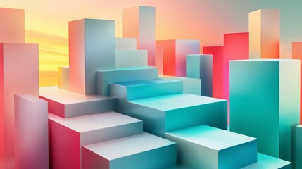 Aufkleber - Abstract Pastel Colored Geometric Cube Staircase Landscape