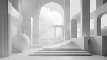 Poster - Minimalist White Architectural Structure With Sphere And Steps