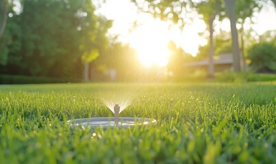 Wall Mural - Sprinkler watering lush green lawn at sunset