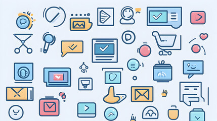 Colorful communication icons; online shopping, feedback; pastel background; website design