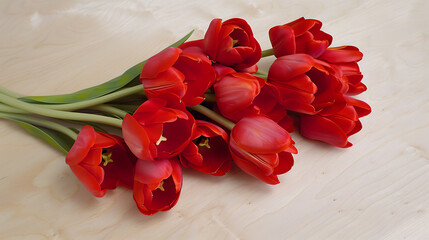 Wall Mural - Bouquet of Red Tulips on Light Wood