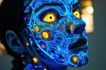 Poster - Side view of a humanoid head with blue and yellow eyes and vibrant neon neural network .