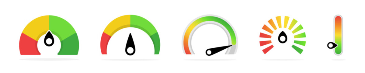 Poster - Scale meter vvector illustration. Scales set. Multicolored speedometer scale set. Meter level score measure graphic dial with different colors.