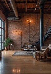 Aufkleber - Industrial-Style Loft Apartment with Brick Walls and High Ceiling