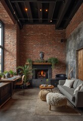 Aufkleber - Cozy Living Room with Brick Wall and Fireplace