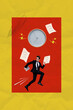 © deagreez - Vertical photo collage of serious businessman freelancer run alarm clock late work deadline paper sheet isolated on painted background