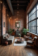 Aufkleber - Industrial Style Loft Living Room with Exposed Brick and Wooden Floor