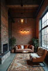 Aufkleber - Cozy Living Room with Brick Wall and Modern Furniture