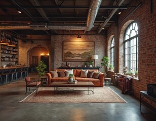 Aufkleber - Industrial Loft Living Room with Brick Wall and Arched Windows