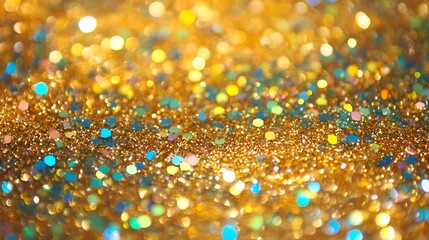 Wall Mural - Golden Glitter Background With Colorful Sparkle Lights