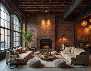 Aufkleber - Cozy Living Room with Brick Wall and Fireplace
