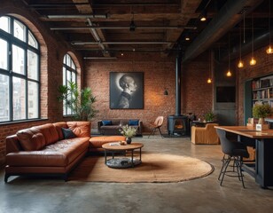 Aufkleber - Stylish Living Room with Brick Wall and Brown Leather Couch