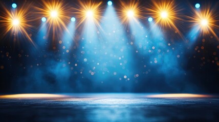 Poster - Empty Wooden concert stage bathed in dramatic spotlights, casting shadows across empty theater interior, highlighting theatrical ambiance background
