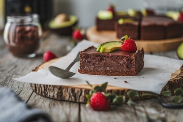 Wall Mural - One piece of vegan raw chocolate avocado brownie cake on wooden table