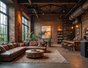Aufkleber - Modern Industrial Chic Living Room with Brick Walls and Large Windows