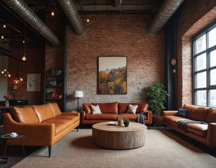 Aufkleber - Cozy Industrial Living Room with Brick Wall and Orange Couches