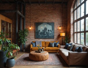 Aufkleber - Modern Loft Living Room with Brick Wall and Natural Light