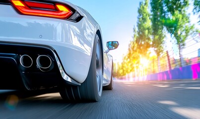 Wall Mural - White sports car racing, sunny track background, speed