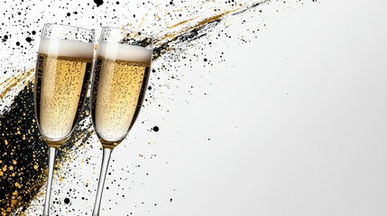 champagne flutes with gold, black splash on white for celebration backdrop