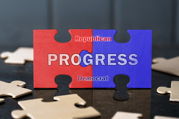 Progress, Interlocking Puzzle Pieces, Republican Democrat Political Divide, Bipartisan Growth