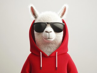 Wall Mural - cool llama wearing a red hoodie and sunglasses