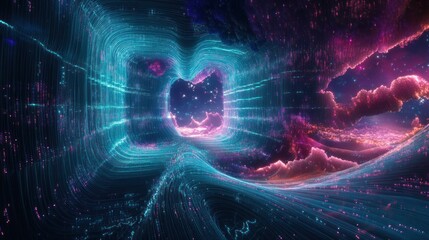 Poster - Abstract Digital Landscape with Glowing Lines and Nebula