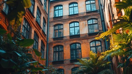 Poster - Old Brick Building With Lush Green Foliage