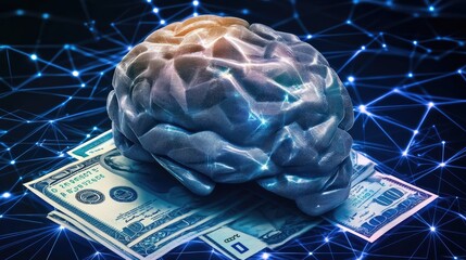 Poster - A digital brain rests on a stack of hundred dollar bills