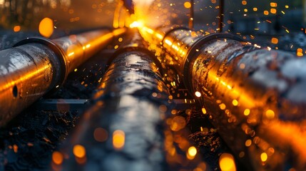 Poster - During early morning hours, workers heat metal pipes in an industrial setting, sending sparks and glowing embers into the air, creating a dramatic visual effect at the site.