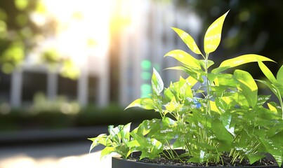 Wall Mural - Plants growing in pot, urban setting, sunrise