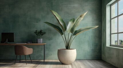 Aufkleber - Modern Home Office With Large Plant And Green Wall