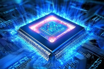 Aufkleber - Futuristic Microchip Sparkling with Energetic Blue Light Effects