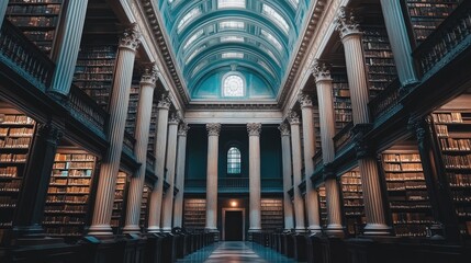 Poster - Grand Library Hall Columns Bookshelves Architecture