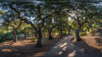 Poster - Sunlit Path Through Ancient Oak Trees Grove