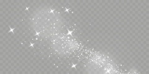 Poster - Sparkling white light particles on transparent background, glowing stars and dust effect, festive glitter overlay, magical illumination, digital abstract decoration.	