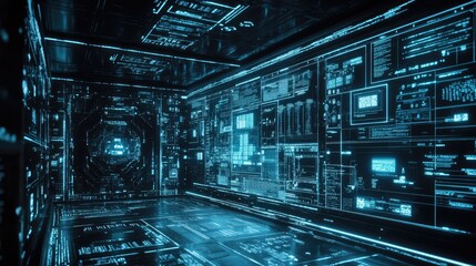 Poster - Futuristic Digital Room Filled With Cyan Data Streams