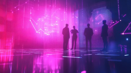Poster - Silhouettes of businesspeople reviewing data displayed on a futuristic screen