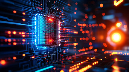 Poster - Futuristic, illuminated circuit board with glowing blue and red components, showcasing advanced technology
