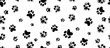 © Anatoliy - Black seamless pattern of footstep cat paws, cat, dog foot, animal. Animal step texture. Bear, panda, tiger grunge stamp repeat foot track wallpaper. Cartoon monochrome paw print seamless pattern.